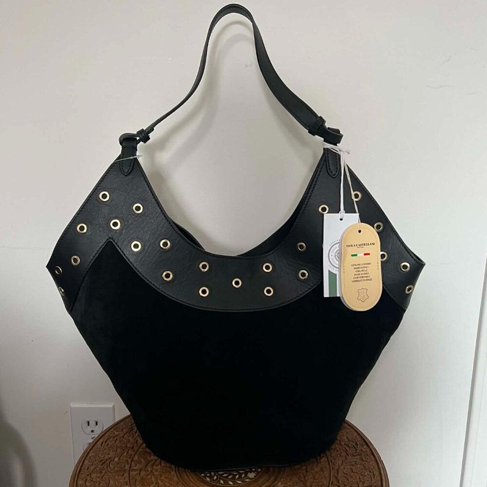 Italian Leather Suede Hobo Bag With Gold Rivets